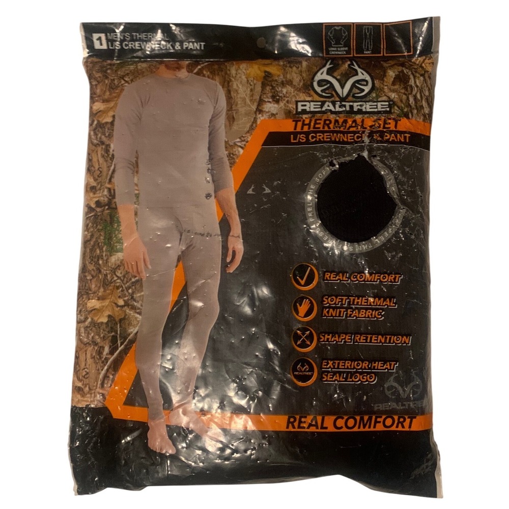 Realtree Mens Thermal Set L/S Crewneck and Pant Black RTTS12108 Size L NIP